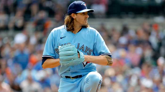 Toronto Blue Jays starting pitcher Kevin Gausman winds up for a pitch against the Detroit Tigers.